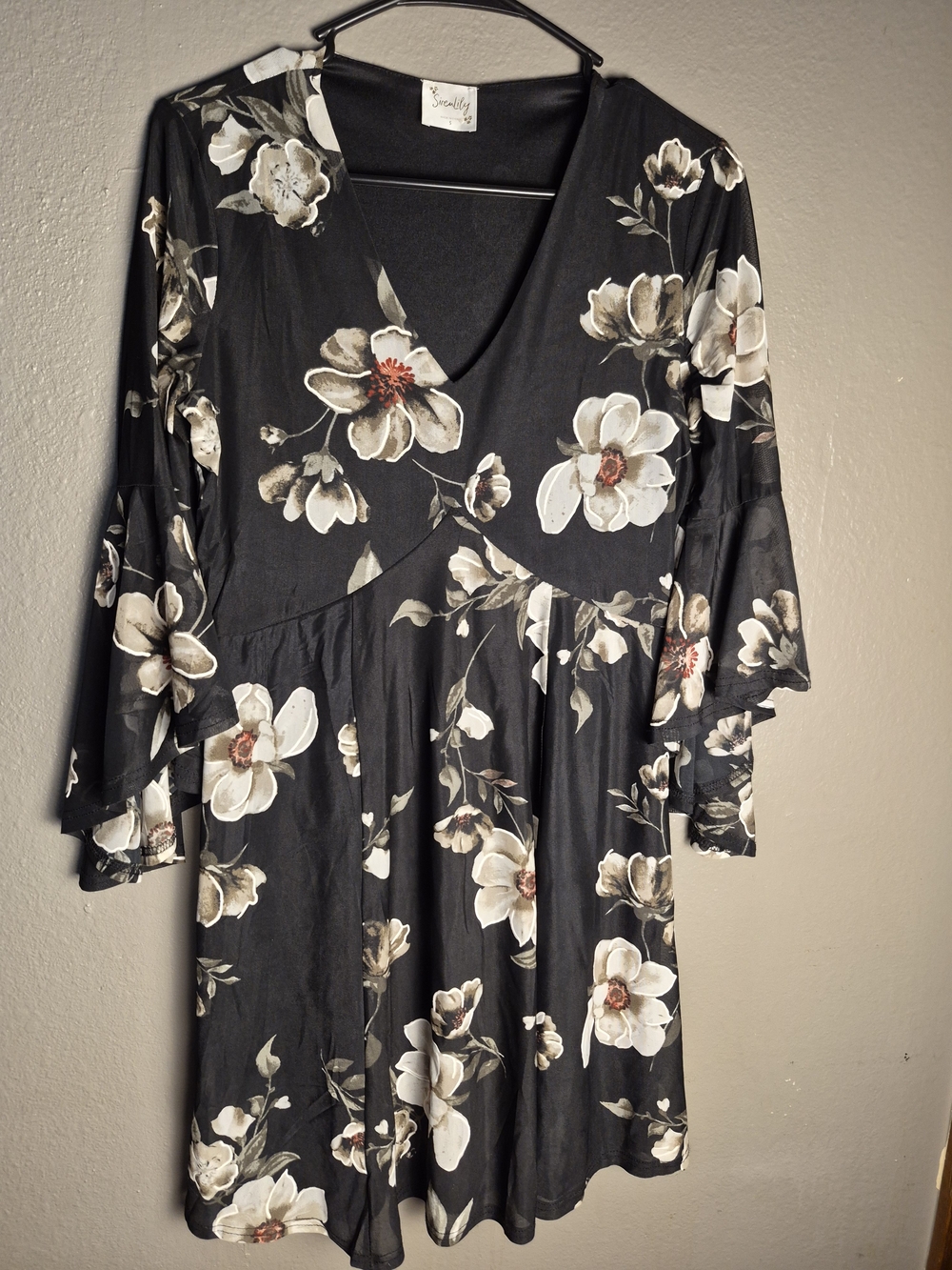 Siren Lily Black Floral Mini Dress with Cream Blooms